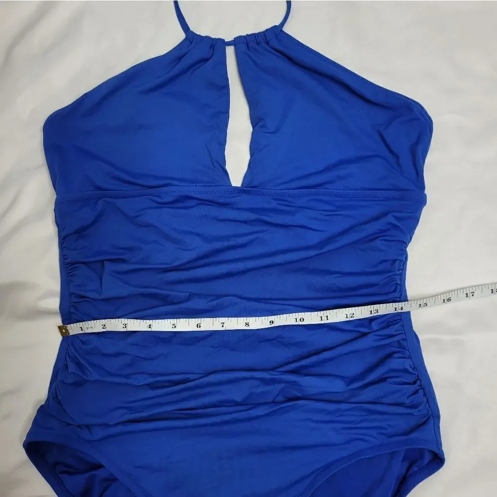 LOFT Beach blue cut out halter tie‎ top ruched side one piece swimsuit 16